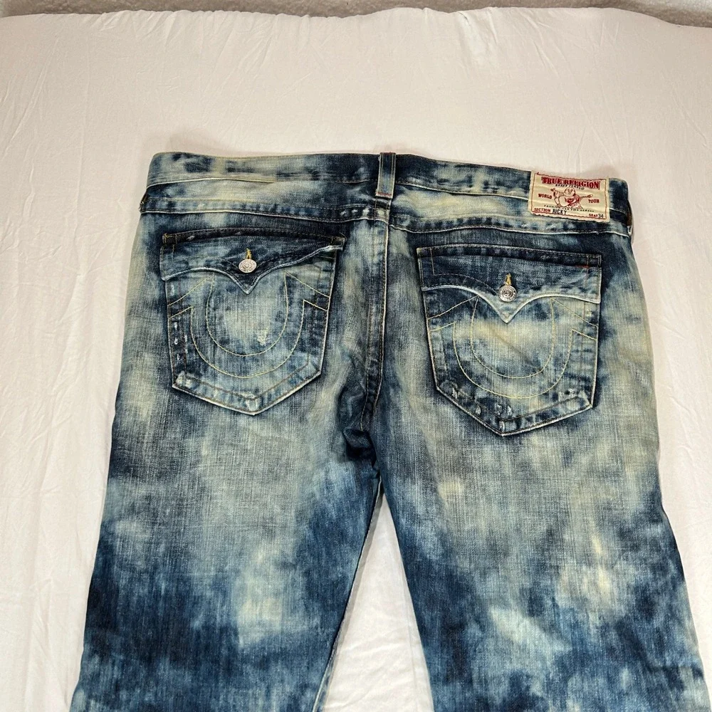 True Religion Ricky Jeans Mens 40 Acid Wash Straight Leg Blue White Made in USA